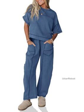 Women's Cotton Lounge Set - Short Sleeve Top & Wide Leg Pants | Vacation Outfit